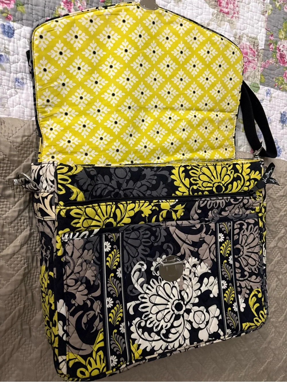 Vera Bradley Quilted Floral Messenger Bag - Black & Yellow